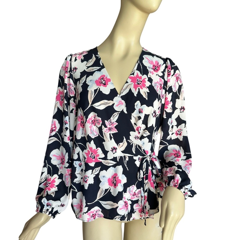 Banana Republic Floral Wrap Blouse Top‎ Women's Petite Large Black Pink V-Neck
